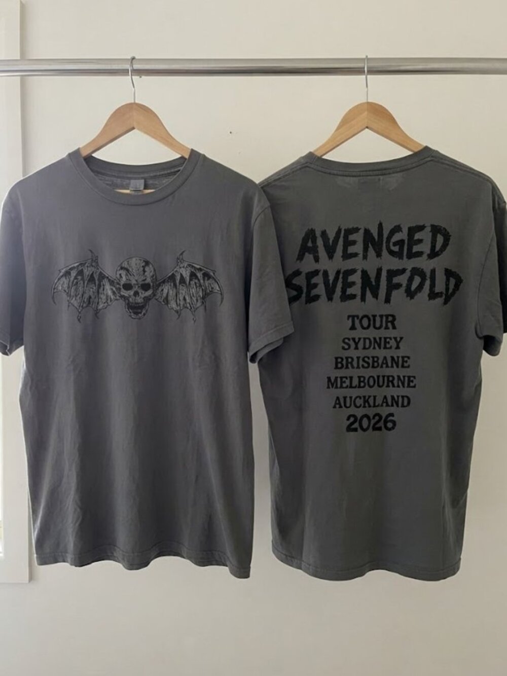Avenged Sevenfold Australia 2026 Tour Merch Bat Skull Charcoal T-Shirt Reprint